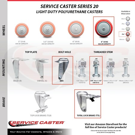 Service Caster 5 Inch SS Red Polyurethane 3/8 Inch Threaded Stem Caster Set Total Lock Brake SCC-SSTSTTL20S514-PPUB-RED-381615-4